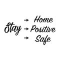 Stay home. Stay safe. Stay positive phrases on white background. Illustrations concept coronavirus COVID-19. Lettering Royalty Free Stock Photo