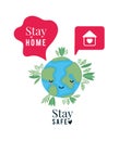 Stay at home and safe text world cartoon leaves heart house and bubble vector design Royalty Free Stock Photo