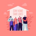 Stay at Home, Self Isolation Concept. Male and Female Characters Wearing Medical Masks Stand under House Roof