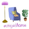 Stay at home set, text and lettering. Illustration of blue armchair, golden and pink torchiere, red kitten sleeping on chair, vase