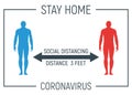 Stay home and social distancing banner, label epidemic coronavirus, quotation, silhouette people character stand, concept vector