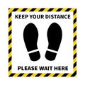 Social distancing. Footprint sign for stand in supermarket. Keep the 2 meter distance. Coronovirus epidemic protective. Vector