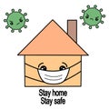 Stay home stay safe cartoon vector quote with home with medical mask , quarantine Covid-19 coronavirus concept illustration