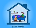 Stay at home theme for protect you and your family from covid 19 virus. Victor illustration of people are working from home and