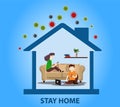 Stay at home theme for protect you and your family from covid 19 virus. Victor illustration of people are working from home and