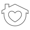 Stay home thin line icon. House with heart shape symbol, outline style pictogram on white background. Home self Royalty Free Stock Photo