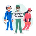 Stay home. Tired doctors and nurse with stay home sign. Medical team in conditions of coronavirus pandemic, covd-19