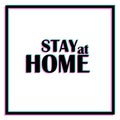 Stay At Home typographic poster with glitch effect. Vector print on white background. Text glitch effect rgb split