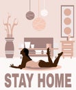 Stay home. Vector hand drawn illustration of lying girl in the room.