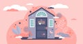 Stay home vector illustration. Scared human in house flat tiny person concept
