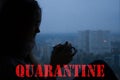 Stay at home virus quarantine background. Coronavirus backdrop with lettering, silhouette of young beautiful woman Royalty Free Stock Photo