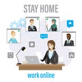 Stay home, work online, concept banner. Technology of group video conference. Cartoon business woman at workplace Royalty Free Stock Photo