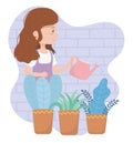 Stay at home, young woman with watering can and potted plants gardening