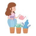 Stay at home, young woman with watering can and potted plants gardening