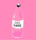 Stay hydrated hand lettering inscription on bottle of water, pink background. Fitness motivational poster, t-shirt print