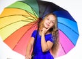 Stay positive fall season. Girl child ready meet fall weather with colorful umbrella. Ways to improve your mood in fall