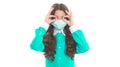 stay safe. child in respirator mask hold antibiotics. healthcare during covid pandemic. vitamins and antipyretic. girl Royalty Free Stock Photo