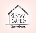 Stay safe and at home text with house and hearts vector design