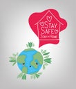 Stay safe and at home text world cartoon house hearts and leaves vector design