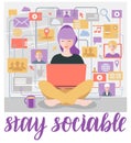 Stay sociable. Stay home concept for Quarantine activities letterings and design elements. Things to do at home. Things