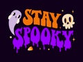 Stay spooky Halloween lettering illustration with cupe ghost character and cartoon style skull Royalty Free Stock Photo