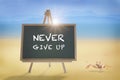 Never give up word on blackboard and crab on tropical beach background Royalty Free Stock Photo