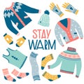 Stay warm. Vector set of cute winter clothes Royalty Free Stock Photo