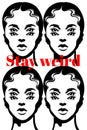 Stay weird. Vector hand drawn illustration of girls with short curly hair and four eyes isolated.