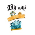 Stay wild - hand drawn lettering text about pet, positive quote poster. Cute cat juming above cactus pot. Naughty Kitty damaged Royalty Free Stock Photo