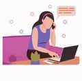 Stay and work from home. .Remote work, freelance. Girl with a laptop talking on the phone. A woman works on the sofa. Flat illustr Royalty Free Stock Photo