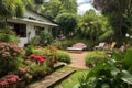 staycationing in the backyard, with view of lush greenery and blooming flowers Royalty Free Stock Photo