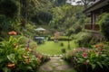 staycationing in the backyard, with view of lush greenery and blooming flowers Royalty Free Stock Photo