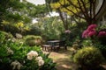 staycationing in the backyard, with view of lush greenery and blooming flowers Royalty Free Stock Photo