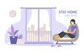 Stay home banner template. Woman with mask, tab, chair, houseplant, balcony, city, clock.