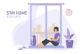 Stay home banner template. Woman with cat, houseplant, balcony, city, clock.