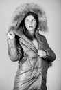 Staying beautiful any season. girl in puffed coat. faux fur fashion. flu and cold. seasonal fashion. beauty in winter