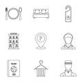 Staying in hotel icons set, outline style