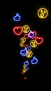 A steady upward stream of neon blue like yellow OMG and red heart symbols.