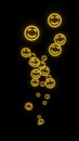 A steady upward stream of yellow neon smiley symbols. Overlay graphic effect, black background for screen blending. For social