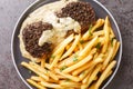 Steak au Poivre with Cognac Cream Sauce and french fries close-up in a plate. Horizontal top view Royalty Free Stock Photo