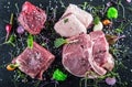 Steak.Beef steak.Meat.Portioned meat.Raw fresh meat.Sirloin steak.T-Bone steak. Flank steak. Duck breast. Vegetable decoration. Royalty Free Stock Photo