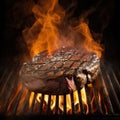 Steak burger cooking on a grill with flames. Generative ai