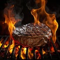 Steak burger cooking on a grill with flames. Generative ai