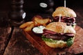 Steak Burgers on Tray with Potato and Dip Royalty Free Stock Photo