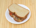 Steak cheese and vegetable sandwich on a white plate Royalty Free Stock Photo