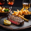 a steak with chips and lemon wedges on the side