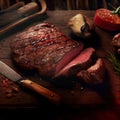 a steak is cut into pieces on a cutting board with a knife and tomatoes on the side of the cutting board Royalty Free Stock Photo