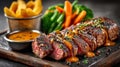 A steak on a cutting board with vegetables and sauce Royalty Free Stock Photo