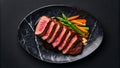 A delicious sliced steak on a marble plate with vegetables Royalty Free Stock Photo