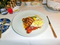 The steak at dinner at the abstract cruise ship Royalty Free Stock Photo